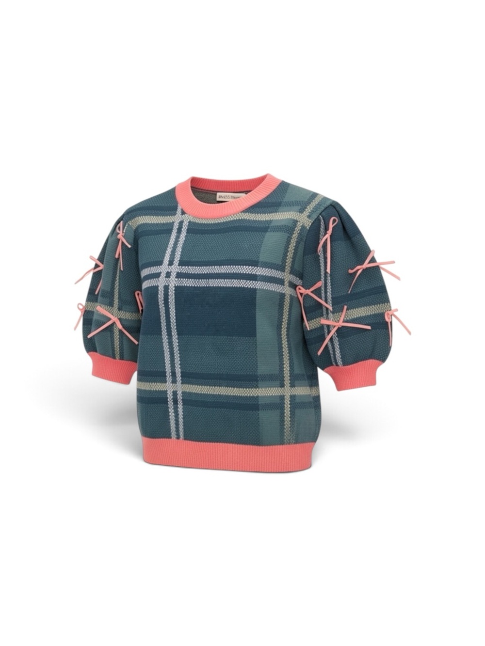 Women's teal plaid puff-sleeve sweater with pink trim and bow accents.